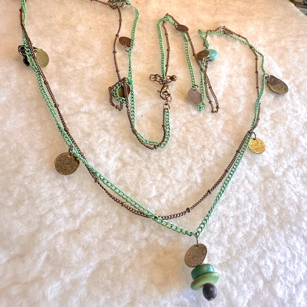Boho Green + Gold layered Charm Necklace